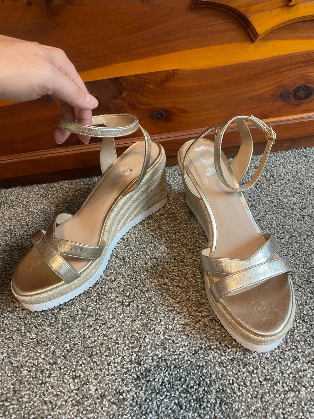 Stuart Weitzman Metallic Gold Ankle-Strap Wedge Sandals